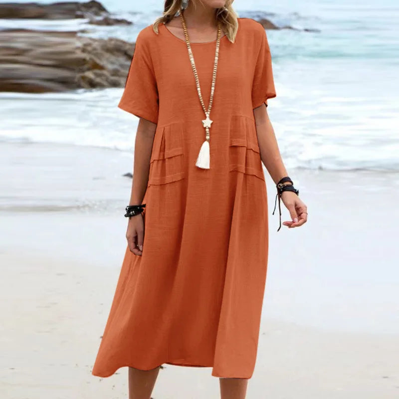 Casual Dresses- Casual Outfit Women's A-Line Midi Dress in Cotton Blend- Orange- IndioGear.com