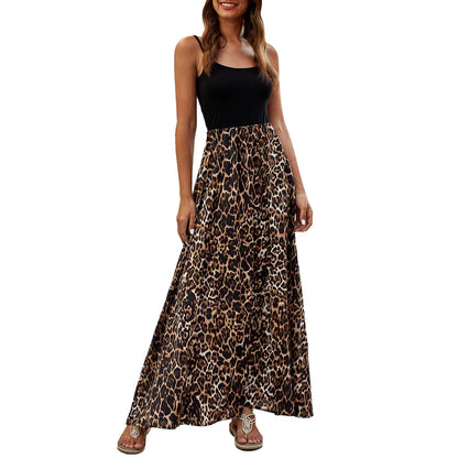 Casual Dresses- Two-Tone Color-Block Leopard Print Maxi Dress- - IndioGear.com