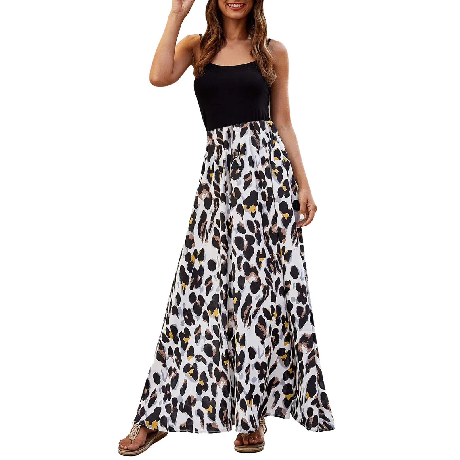 Casual Dresses- Two-Tone Color-Block Leopard Print Maxi Dress- - IndioGear.com