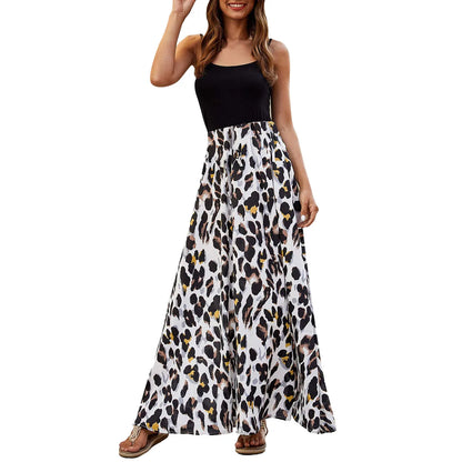 Casual Dresses- Two-Tone Color-Block Leopard Print Maxi Dress- - IndioGear.com