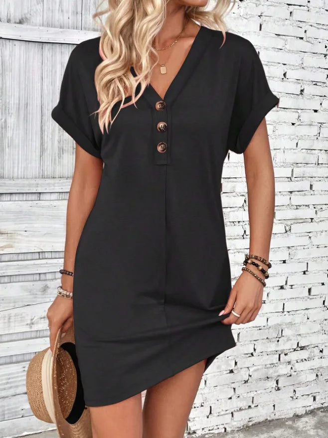 Casual Dresses- Comfy Cotton Blend T-Shirt Dress- Black- IndioGear.com