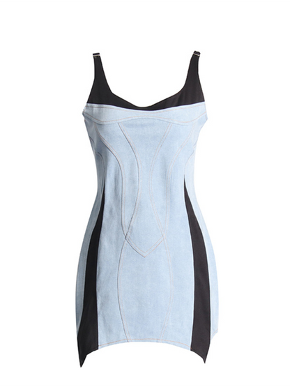 Casual Dresses- Denim & Black Contrast Dress- - IndioGear.com