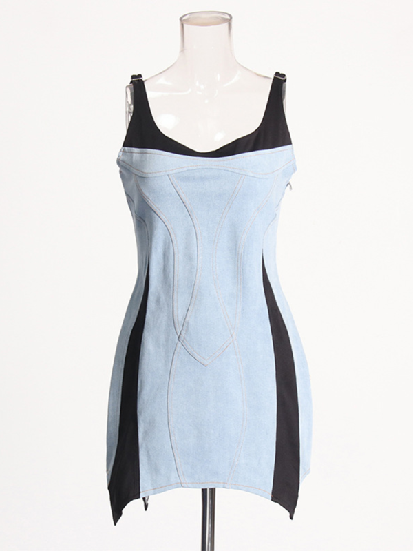 Casual Dresses- Denim & Black Contrast Dress- - IndioGear.com