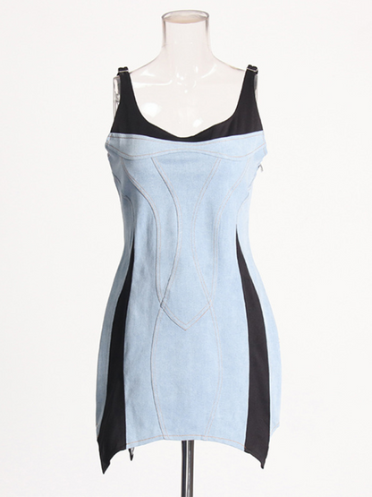 Casual Dresses- Denim & Black Contrast Dress- - IndioGear.com