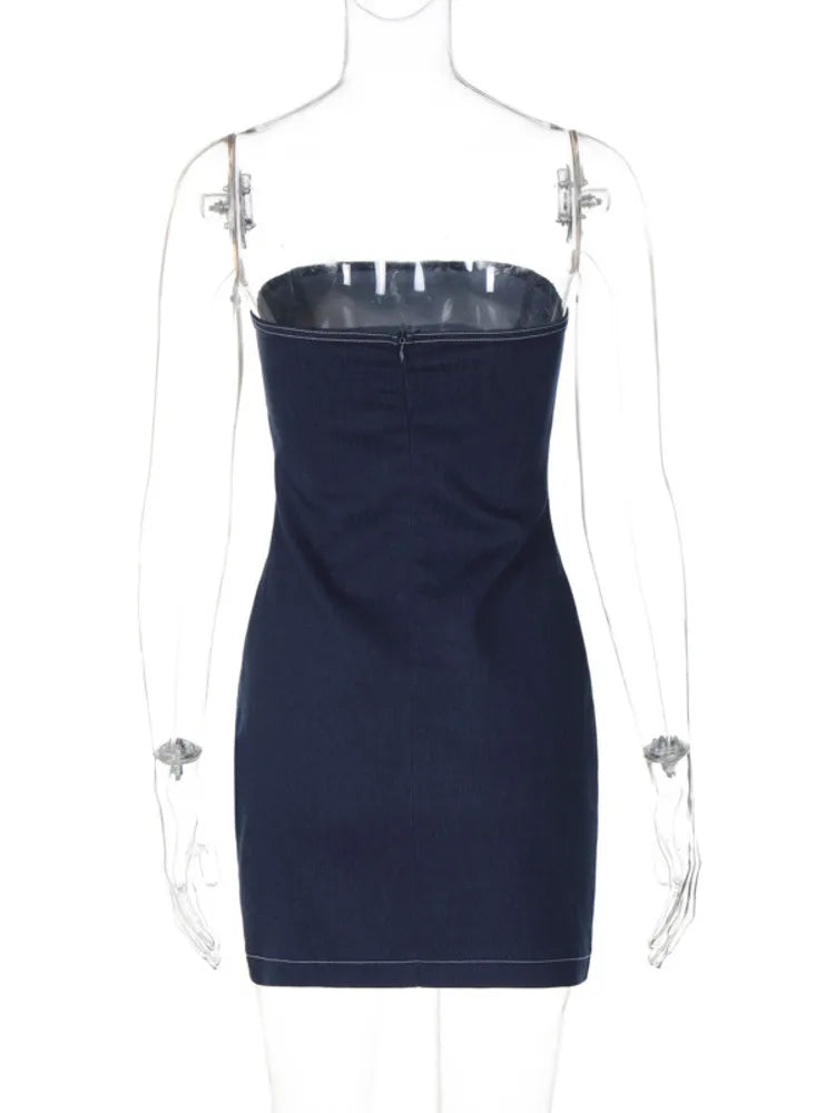 Casual Dresses- Denim Dream Strapless Bodycon Mini Dress with Exposed Seams for Women- - IndioGear Fashion and Gear