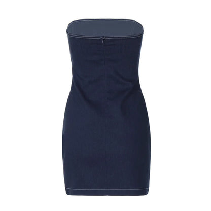 Casual Dresses- Denim Dream Strapless Bodycon Mini Dress with Exposed Seams for Women- - IndioGear Fashion and Gear