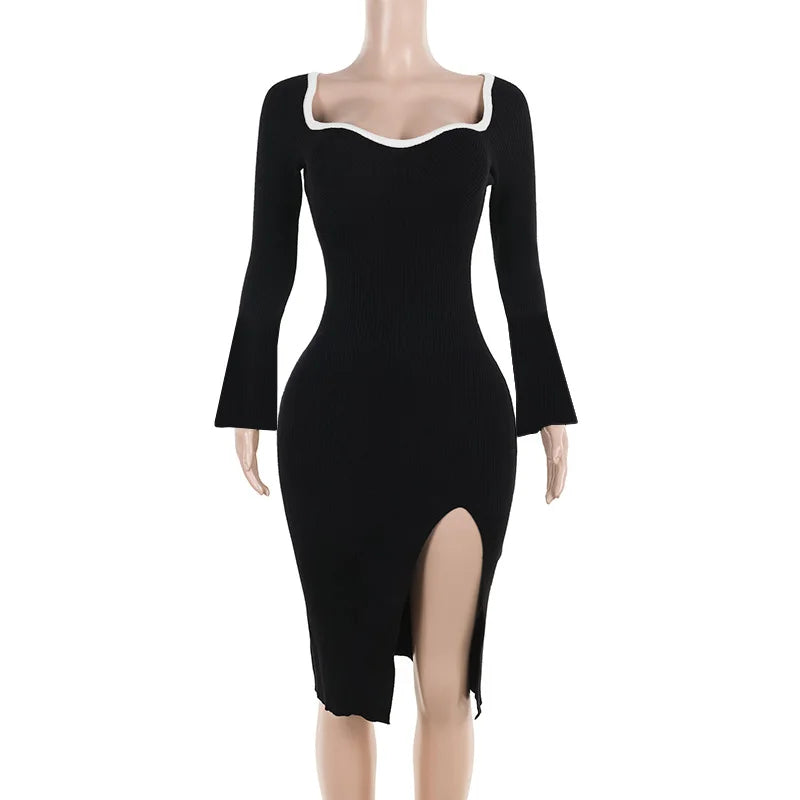 Casual Dresses- Elegant Square-Neck Slit Bodycon Dress - Perfect for Evenings- - IndioGear.com