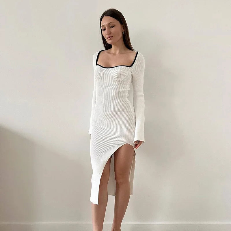 Casual Dresses- Elegant Square-Neck Slit Bodycon Dress - Perfect for Evenings- - IndioGear.com