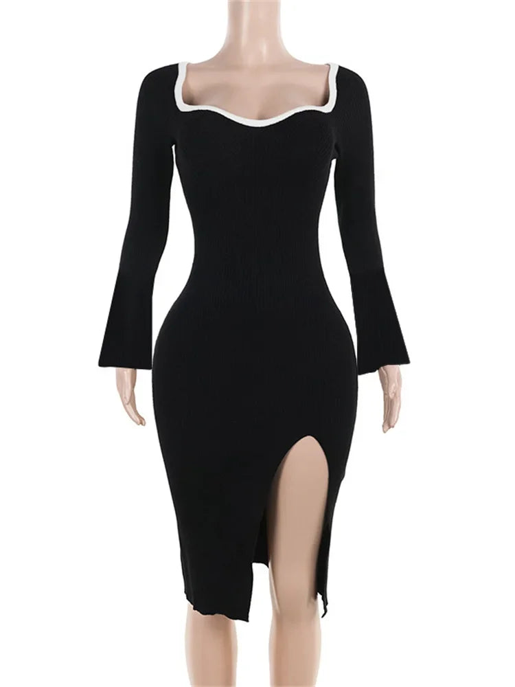 Casual Dresses- Elegant Square-Neck Slit Bodycon Dress - Perfect for Evenings- - IndioGear.com