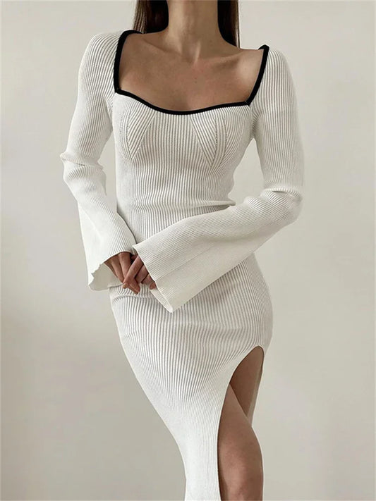 Casual Dresses- Elegant Square-Neck Slit Bodycon Dress - Perfect for Evenings- White- IndioGear.com