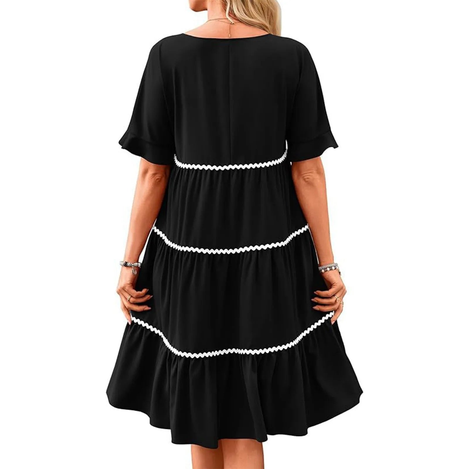 Casual Dresses- Everyday Tiered Dress with contrast piping- - Chuzko Women Clothing