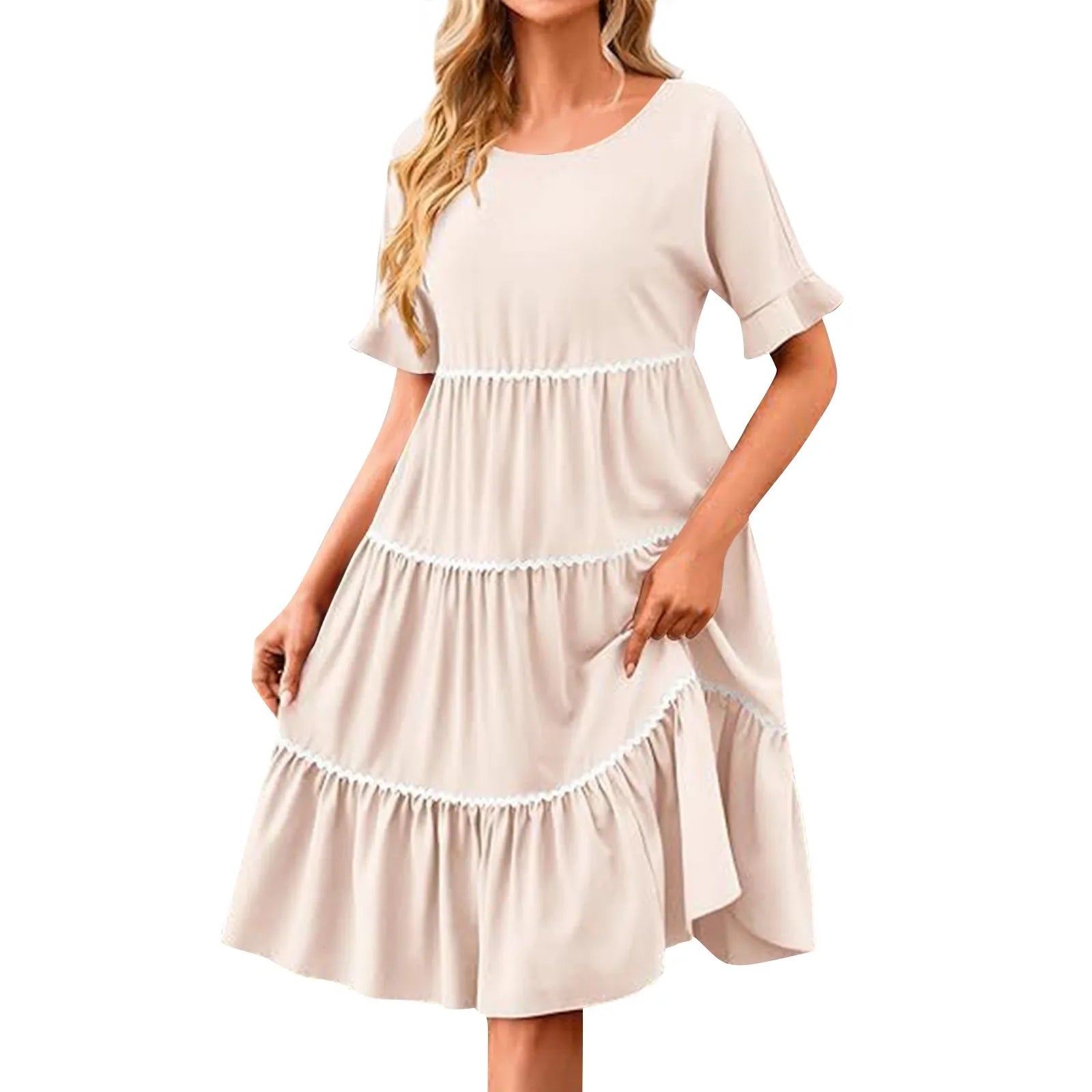 Casual Dresses- Everyday Tiered Dress with contrast piping- - Chuzko Women Clothing