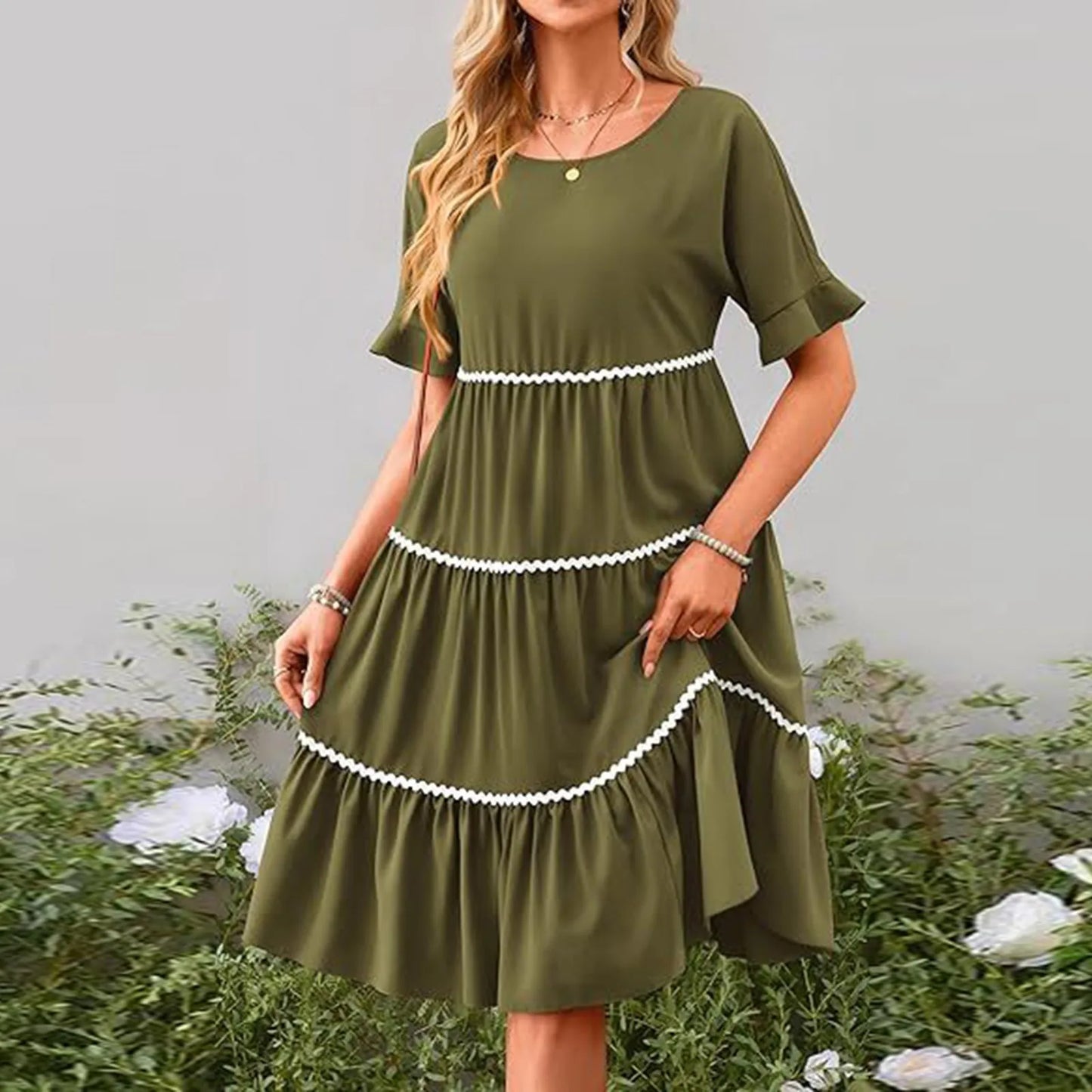 Casual Dresses- Everyday Tiered Dress with contrast piping- Army Green- Chuzko Women Clothing