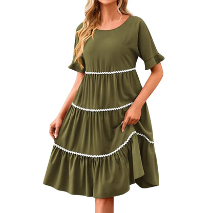 Casual Dresses- Everyday Tiered Dress with contrast piping- - Chuzko Women Clothing