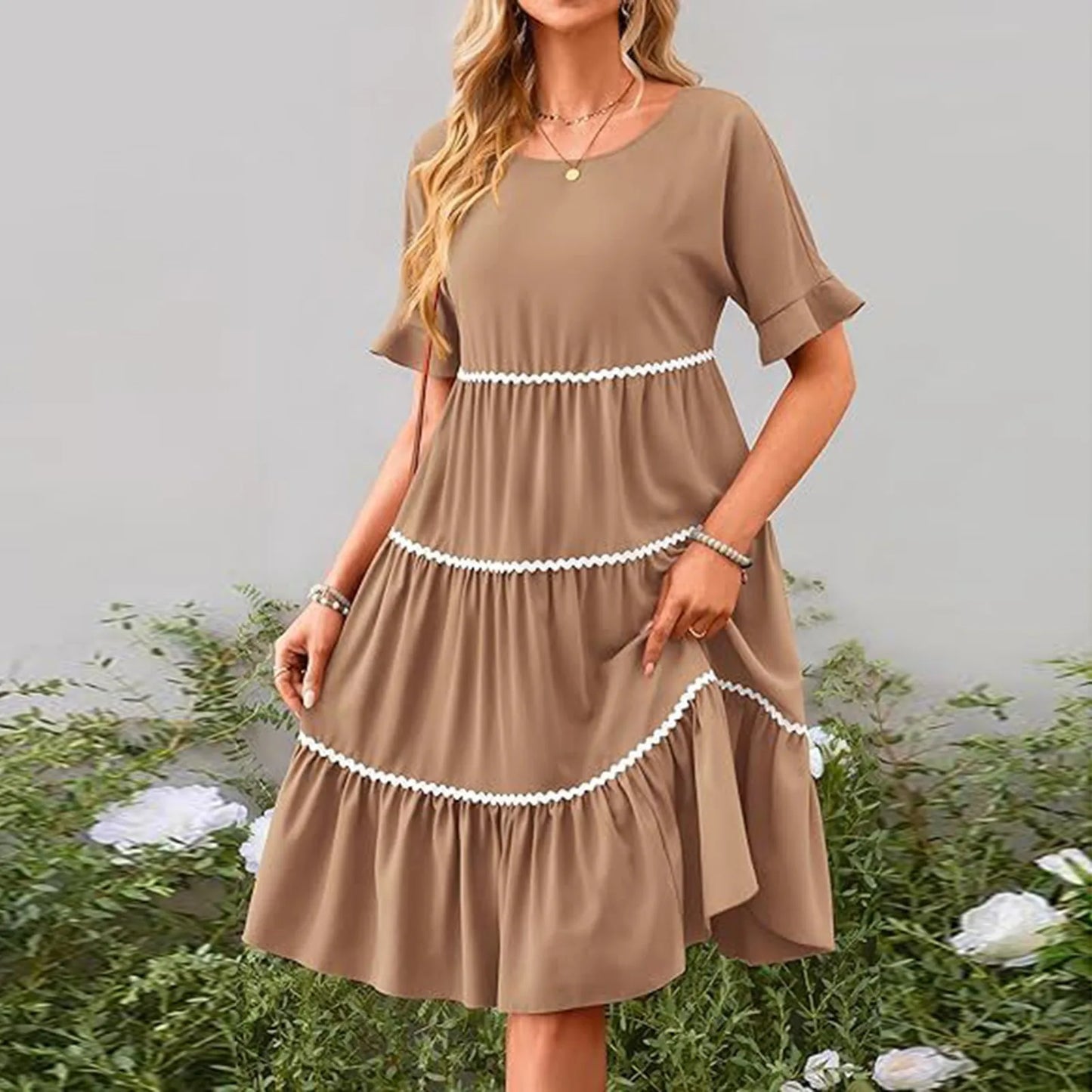 Casual Dresses- Everyday Tiered Dress with contrast piping- Khaki- Chuzko Women Clothing