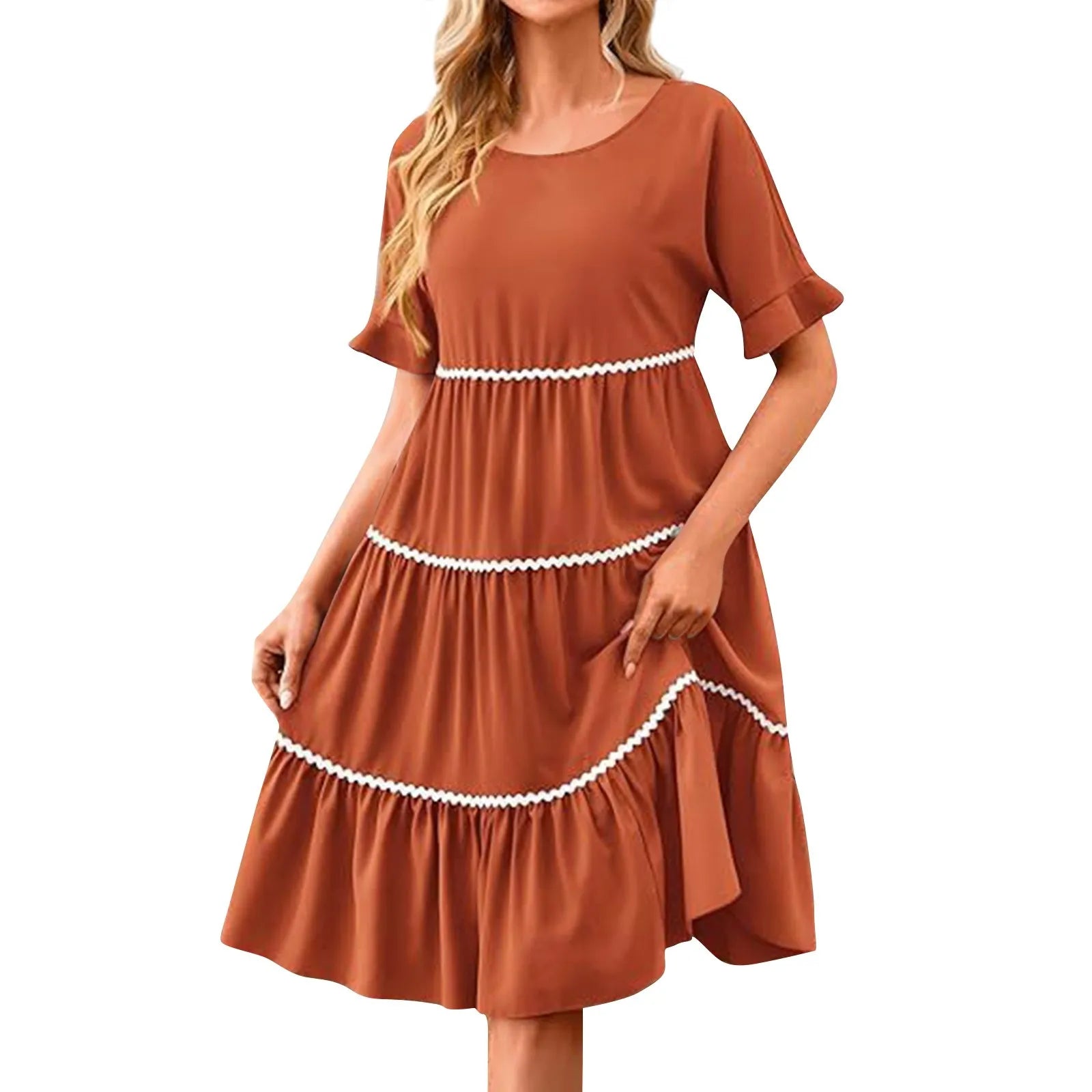 Casual Dresses- Everyday Tiered Dress with contrast piping- - Chuzko Women Clothing