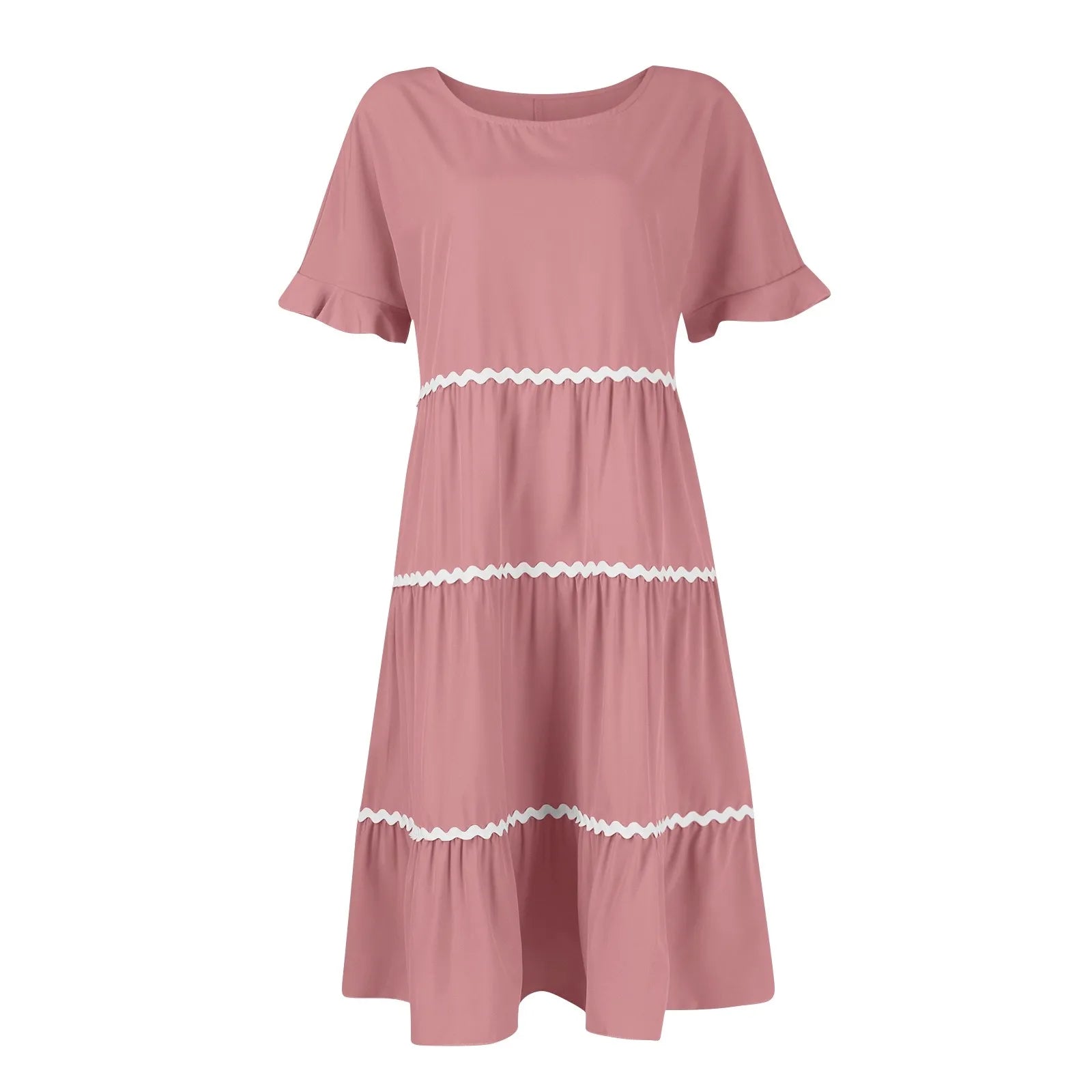 Casual Dresses- Everyday Tiered Dress with contrast piping- - Chuzko Women Clothing