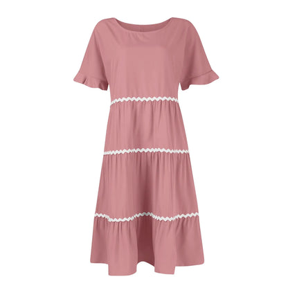 Casual Dresses- Everyday Tiered Dress with contrast piping- - Chuzko Women Clothing