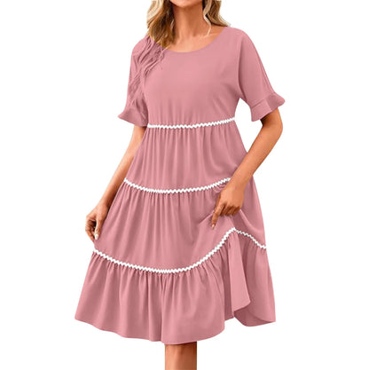 Casual Dresses- Everyday Tiered Dress with contrast piping- - Chuzko Women Clothing