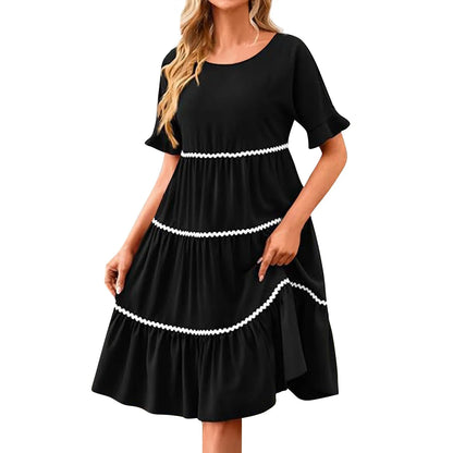 Casual Dresses- Everyday Tiered Dress with contrast piping- - Chuzko Women Clothing