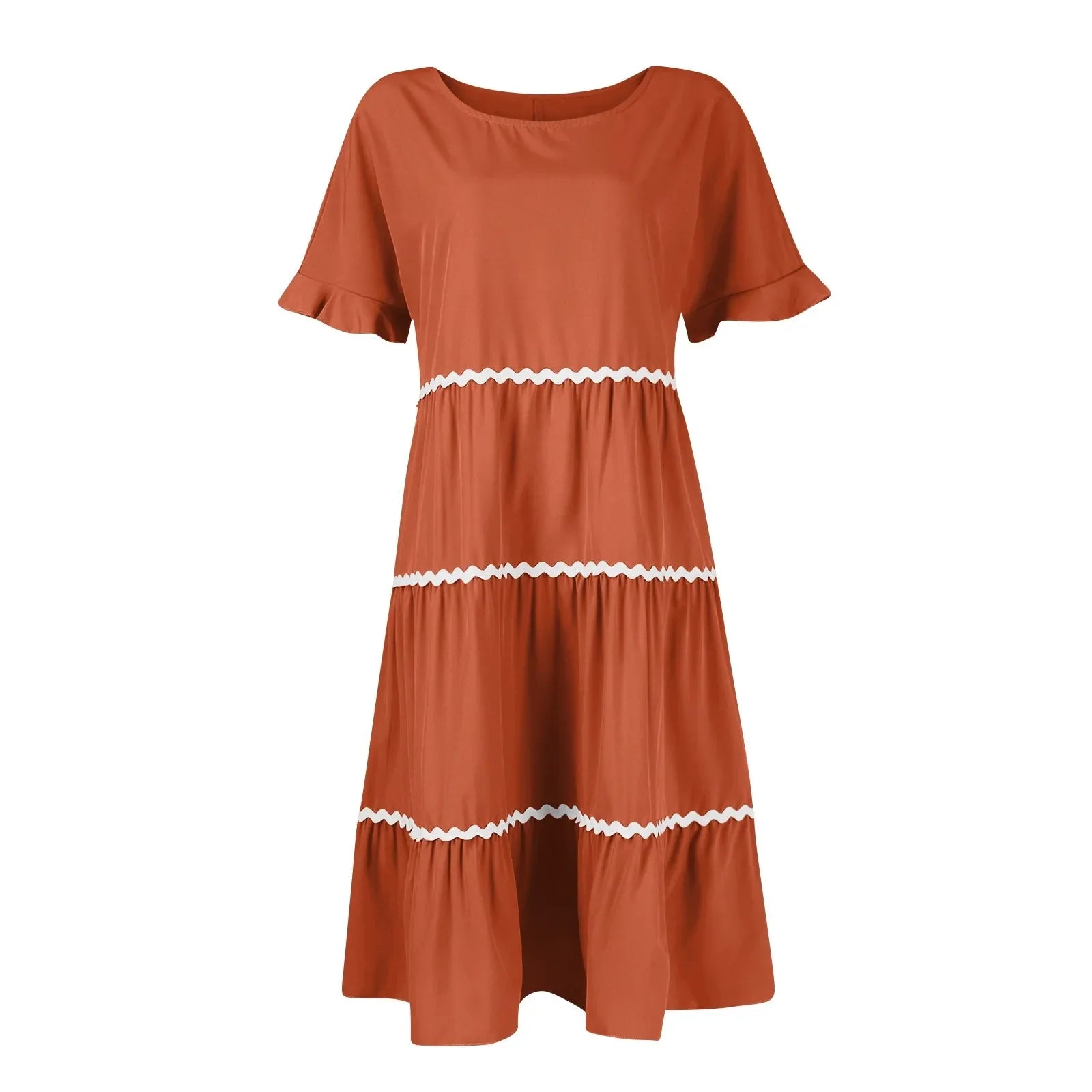 Casual Dresses- Everyday Tiered Dress with contrast piping- - Chuzko Women Clothing