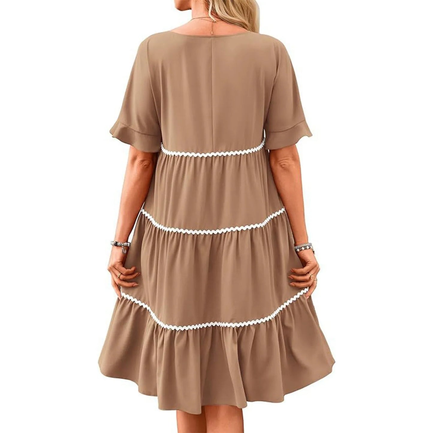 Casual Dresses- Everyday Tiered Dress with contrast piping- - Chuzko Women Clothing