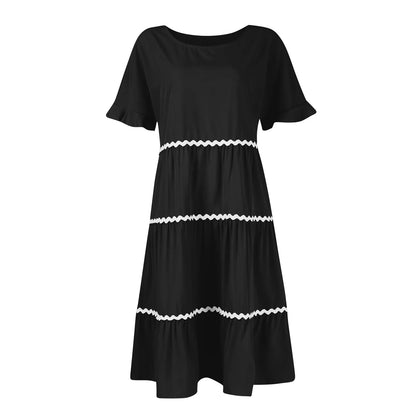 Casual Dresses- Everyday Tiered Dress with contrast piping- - Chuzko Women Clothing