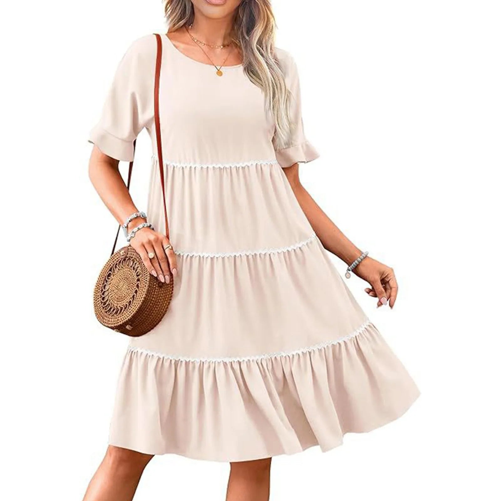 Casual Dresses- Everyday Tiered Dress with contrast piping- - Chuzko Women Clothing