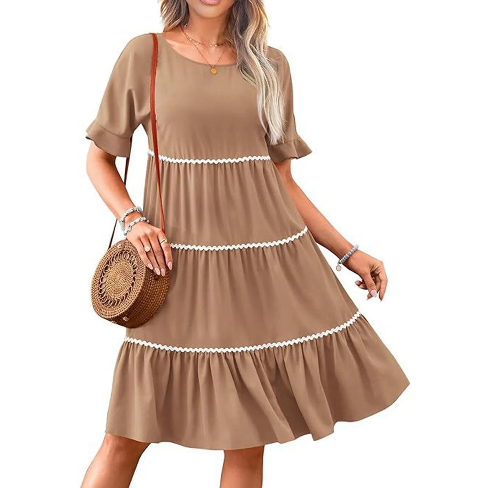 Casual Dresses- Everyday Tiered Dress with contrast piping- - Chuzko Women Clothing