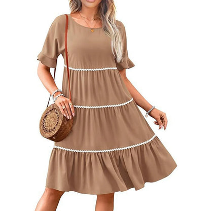 Casual Dresses- Everyday Tiered Dress with contrast piping- - Chuzko Women Clothing