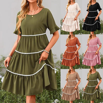 Casual Dresses- Everyday Tiered Dress with contrast piping- - Chuzko Women Clothing