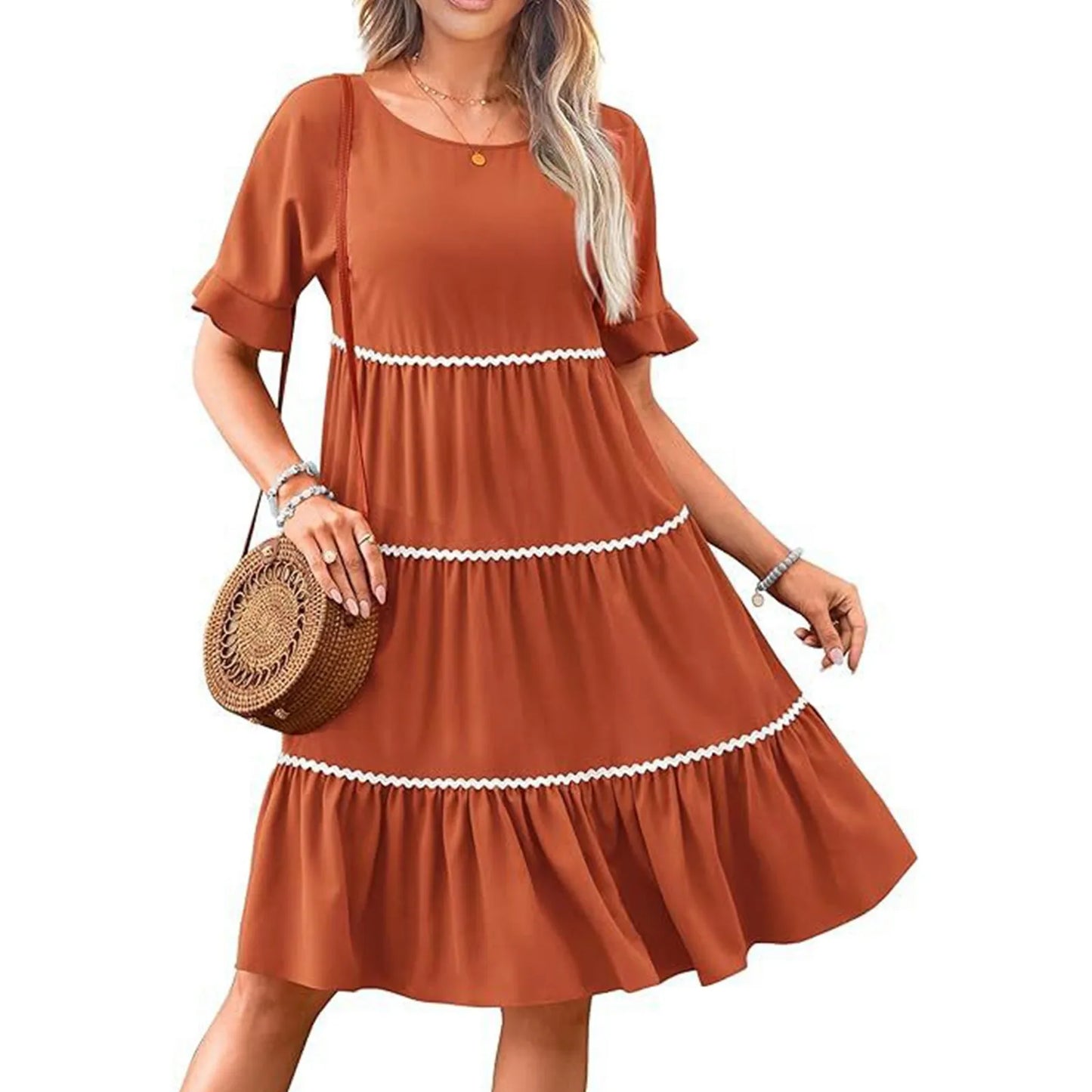 Casual Dresses- Everyday Tiered Dress with contrast piping- - Chuzko Women Clothing