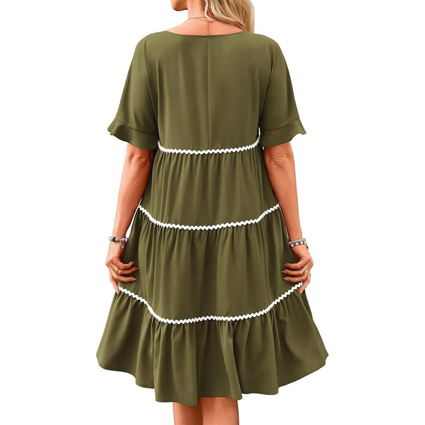 Casual Dresses- Everyday Tiered Dress with contrast piping- - Chuzko Women Clothing