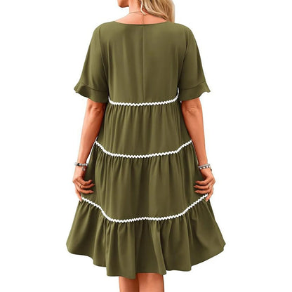 Casual Dresses- Everyday Tiered Dress with contrast piping- - Chuzko Women Clothing