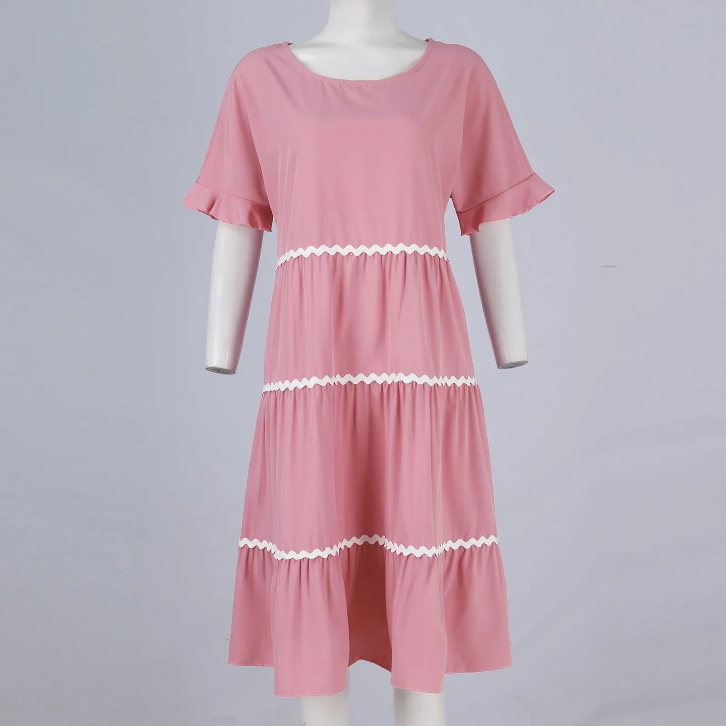 Casual Dresses- Everyday Tiered Dress with contrast piping- - Chuzko Women Clothing