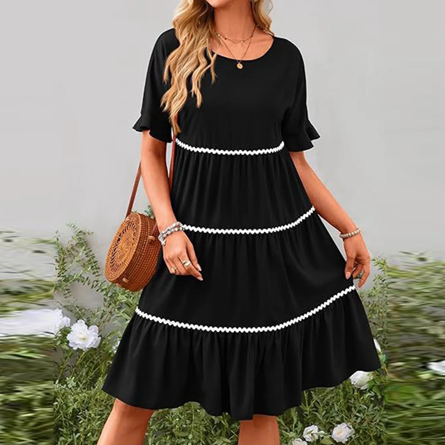 Casual Dresses- Everyday Tiered Dress with contrast piping- - Chuzko Women Clothing