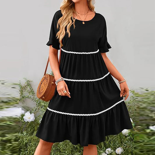 Casual Dresses- Everyday Tiered Dress with contrast piping- - Chuzko Women Clothing