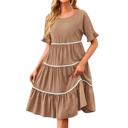 Casual Dresses- Everyday Tiered Dress with contrast piping- - Chuzko Women Clothing