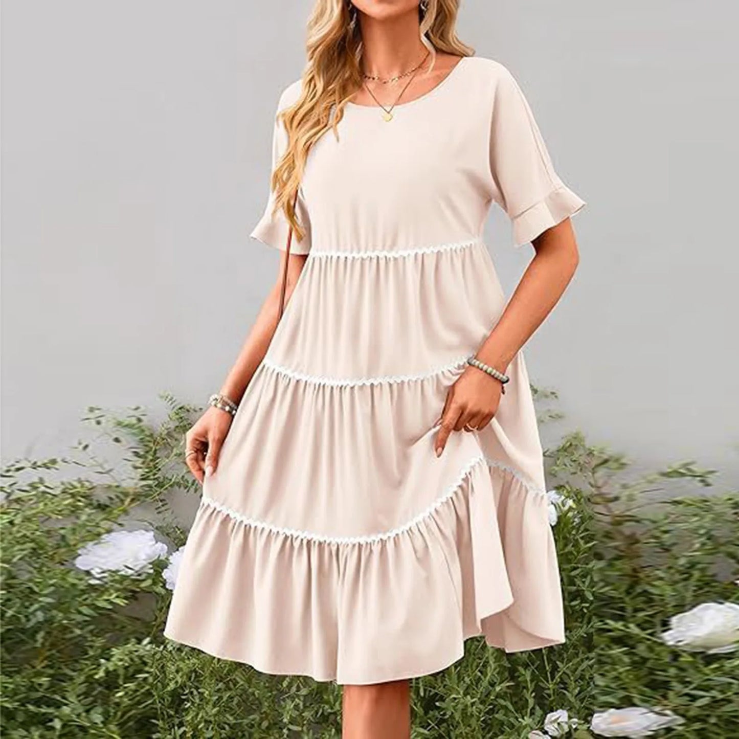 Casual Dresses- Everyday Tiered Dress with contrast piping- Beige- Chuzko Women Clothing