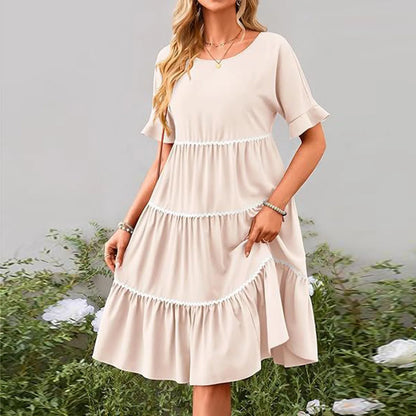 Casual Dresses- Everyday Tiered Dress with contrast piping- Beige- Chuzko Women Clothing