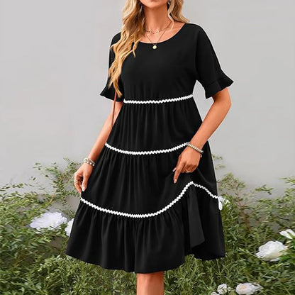 Casual Dresses- Everyday Tiered Dress with contrast piping- Black- Chuzko Women Clothing