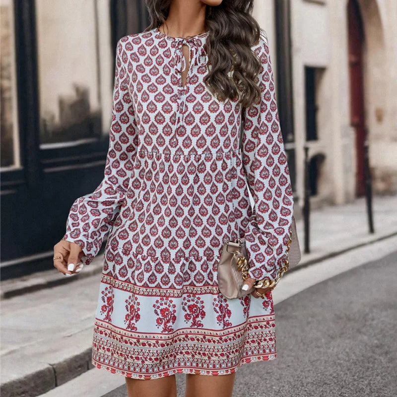 Casual Dresses- Fall Floral & Geometric Boho Dress for Women- Red- IndioGear.com