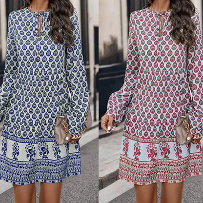 Casual Dresses- Fall Floral & Geometric Boho Dress for Women- - IndioGear.com