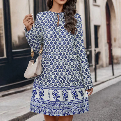 Casual Dresses- Fall Floral & Geometric Boho Dress for Women- - IndioGear.com