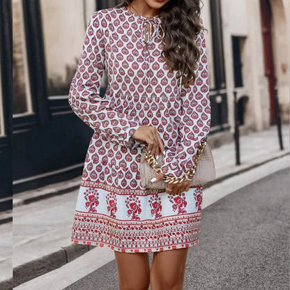 Casual Dresses- Fall Floral & Geometric Boho Dress for Women- - IndioGear.com