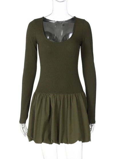 Casual Dresses- Fall Scoop Neck Flare Mini Dress- army green- IndioGear Women Clothing