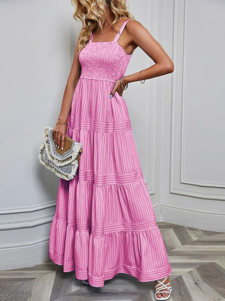 Casual Dresses- Festival Favorite Striped Maxi Dress for Summer Days- Pink- IndioGear.com