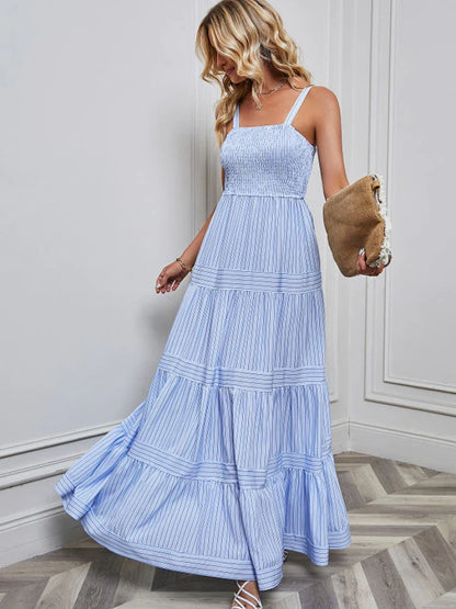 Casual Dresses- Festival Favorite Striped Maxi Dress for Summer Days- Sky blue- IndioGear.com