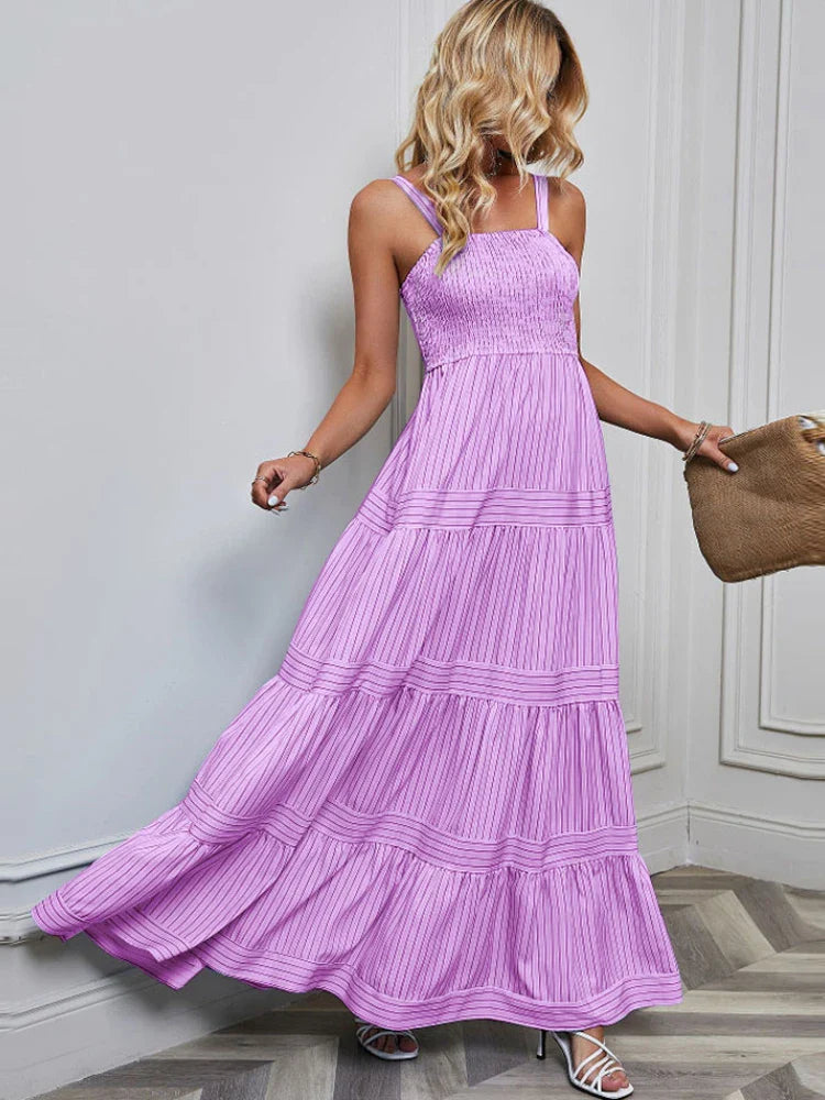 Casual Dresses- Festival Favorite Striped Maxi Dress for Summer Days- Purple- IndioGear.com