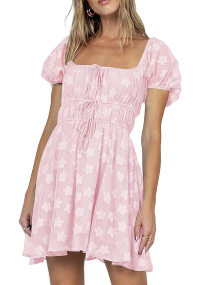 Tie-Up Women's A-Line Dress with Romantic Floral Print and Square Neckline